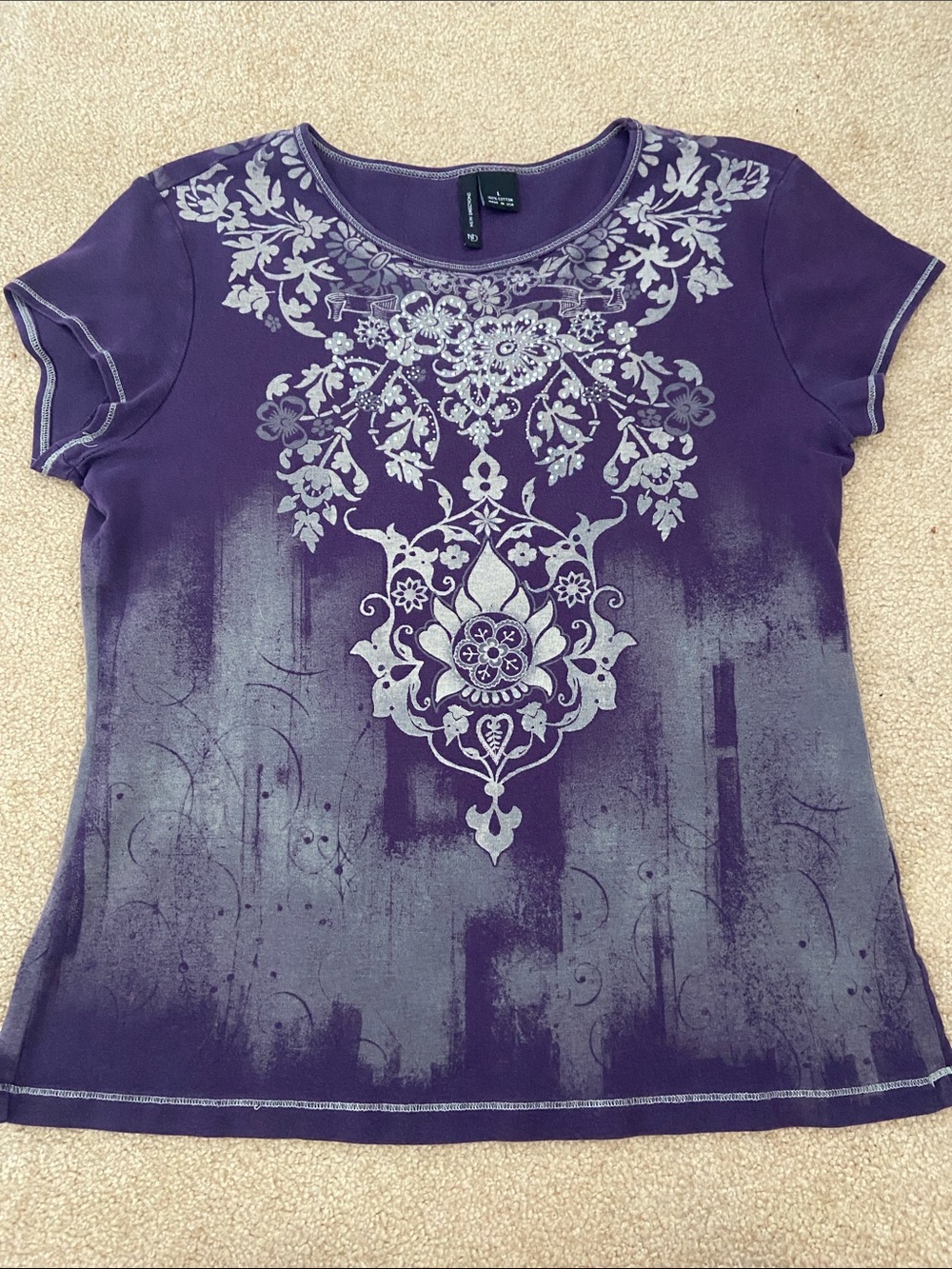 new directions Purple Short Sleeve Tee with Silver Floral Print